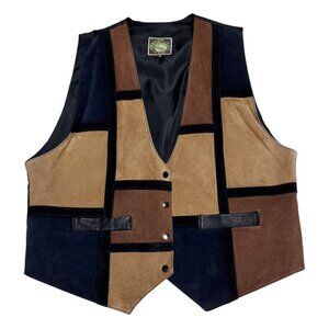 VINTAGE LEARSI Genuine Leather 90s Suede Patchwork Brown Casual Vest Womens 2X